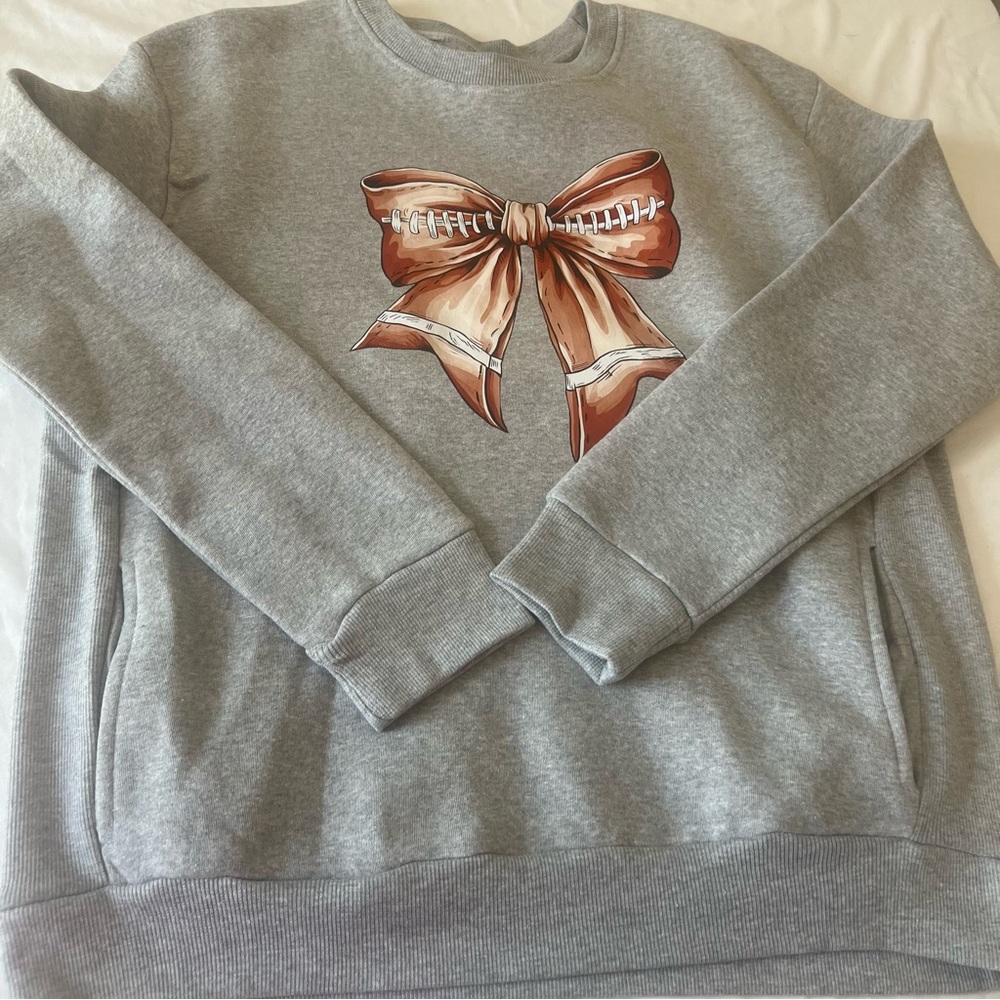 MV Sport Gray Football Bow Graphic Sweatshirt XL Fleece Crewneck Pullover
